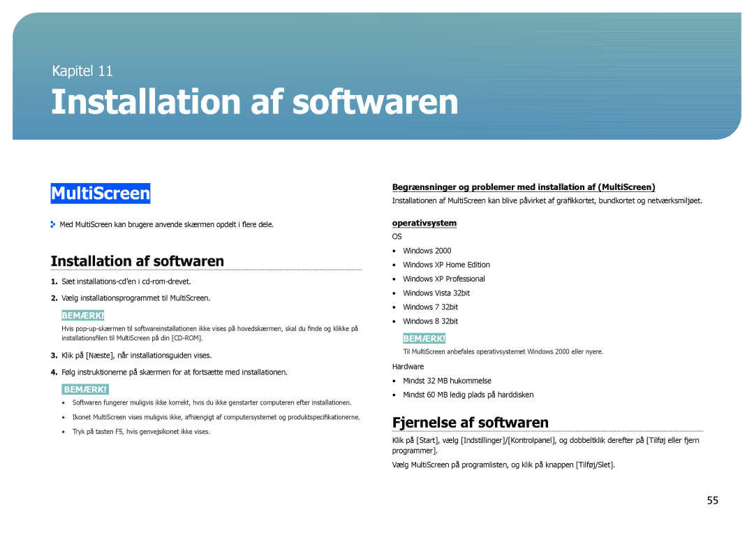 Samsung LS27B970DS/EN, LS27B971DS/EN manual MultiScreen, Installation af softwaren, Fjernelse af softwaren 