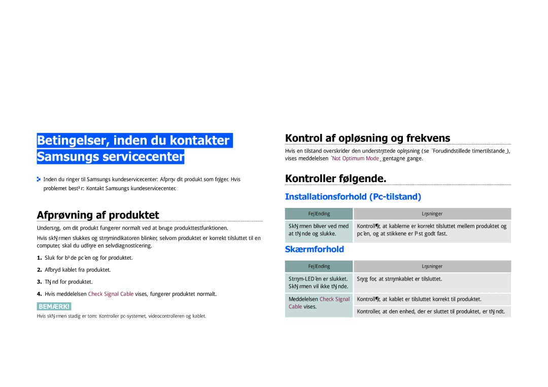 Samsung LS27B971DS/EN, LS27B970DS/EN Problemløsningsvejledning, Betingelser, inden du kontakter Samsungs servicecenter 