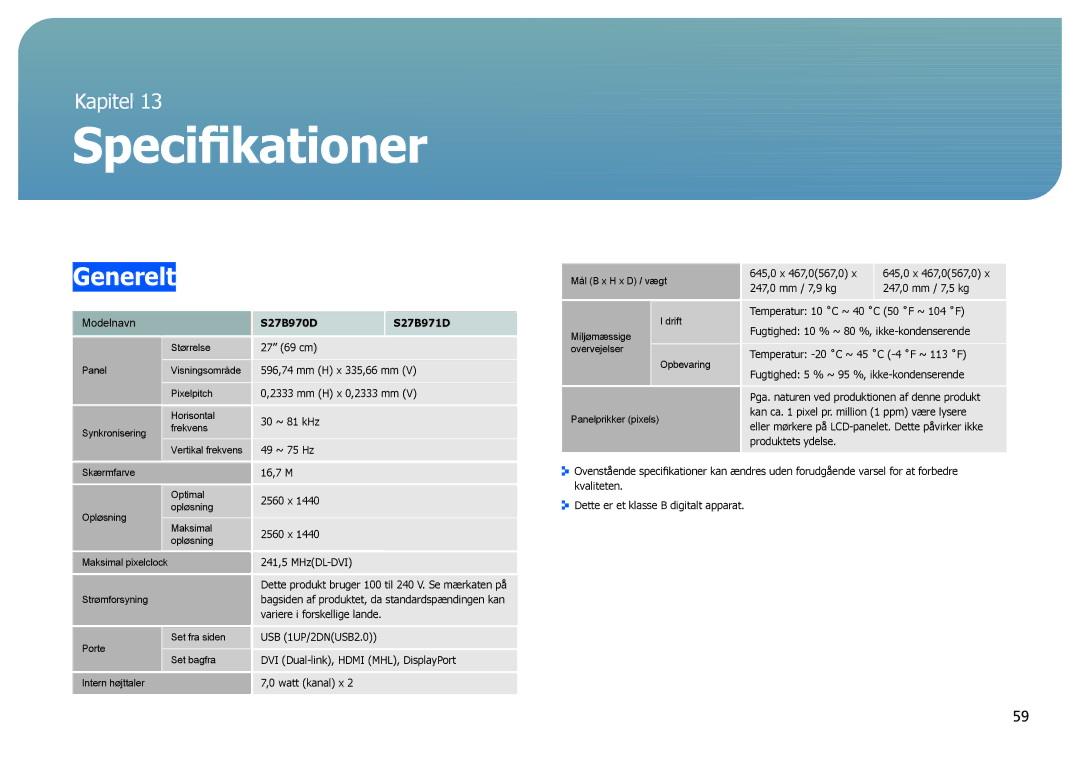 Samsung LS27B970DS/EN, LS27B971DS/EN manual Specifikationer, Generelt 