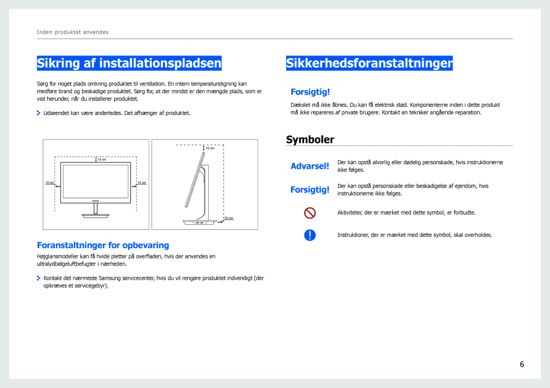 Samsung LS27B971DS/EN, LS27B970DS/EN manual Sikring af installationspladsen, Sikkerhedsforanstaltninger, Symboler, Forsigtig 