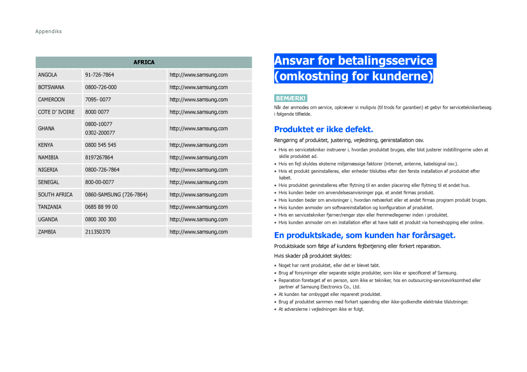 Samsung LS27B971DS/EN, LS27B970DS/EN manual Ansvar for betalingsservice omkostning for kunderne, Produktet er ikke defekt 