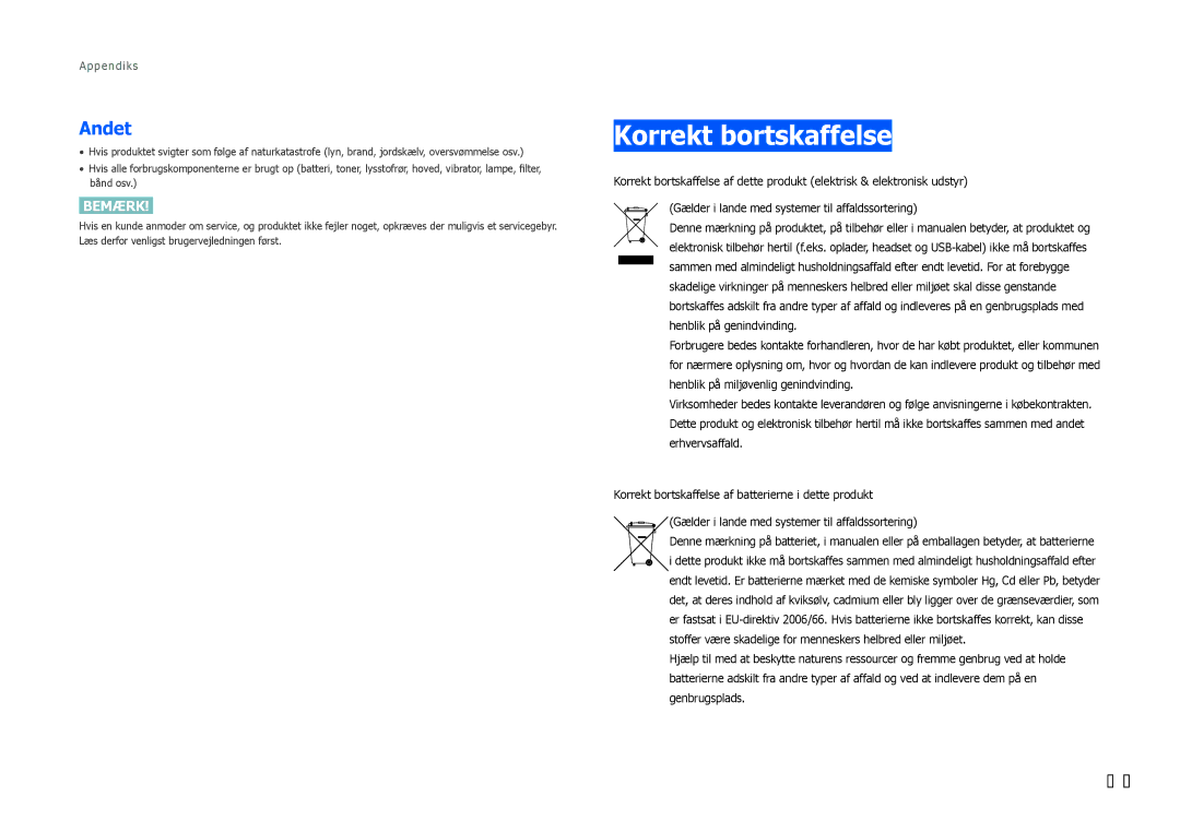 Samsung LS27B970DS/EN, LS27B971DS/EN manual Korrekt bortskaffelse, Andet 