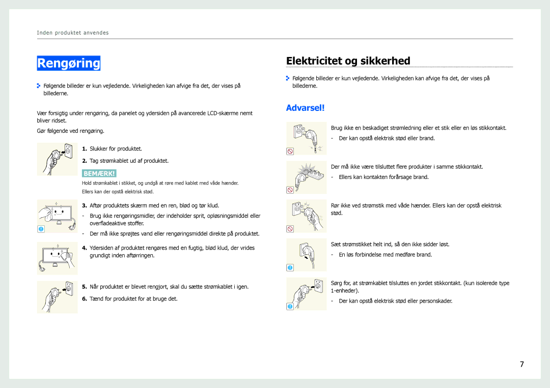 Samsung LS27B970DS/EN, LS27B971DS/EN manual Rengøring, Elektricitet og sikkerhed 