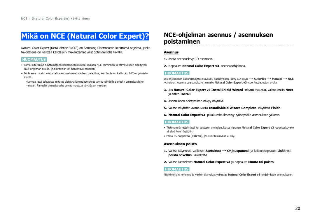 Samsung LS27B971DS/EN, LS27B970DS/EN manual Mikä on NCE Natural Color Expert?, NCE-ohjelman asennus / asennuksen poistaminen 
