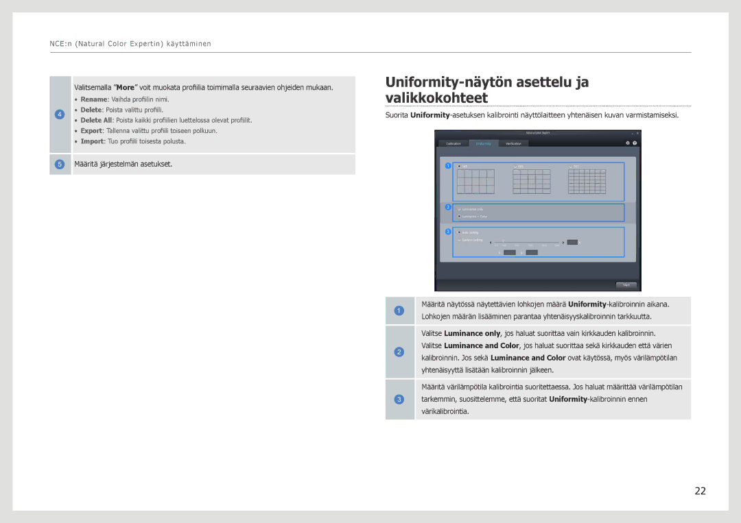 Samsung LS27B971DS/EN, LS27B970DS/EN manual Uniformity-näytön asettelu ja valikkokohteet 