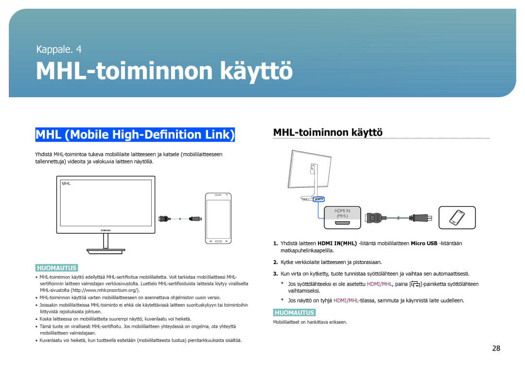 Samsung LS27B971DS/EN, LS27B970DS/EN manual MHL Mobile High-Definition Link, MHL-toiminnon käyttö 