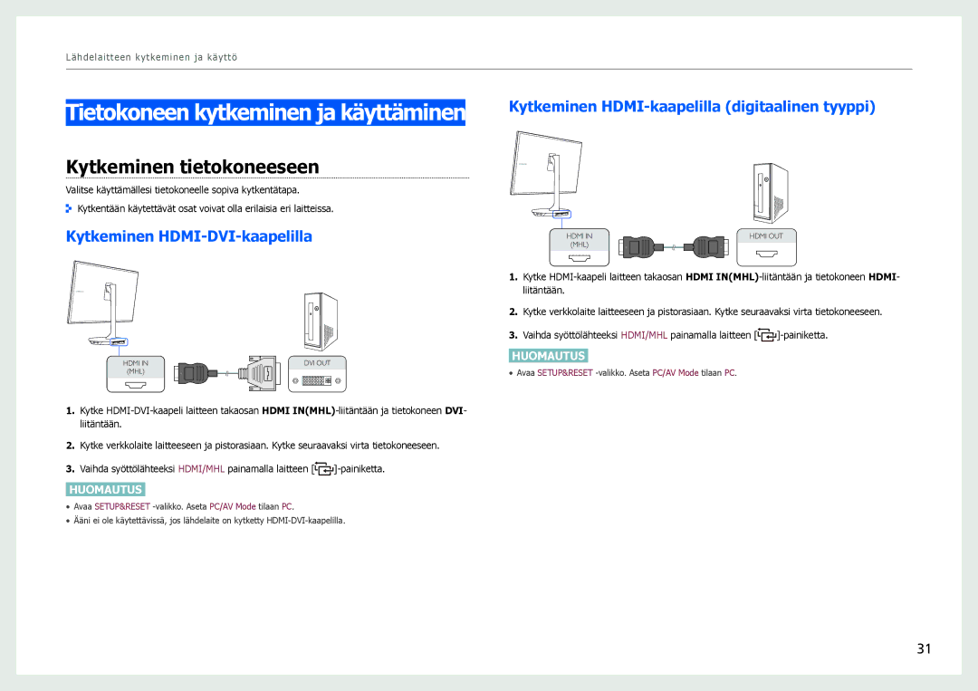 Samsung LS27B970DS/EN Tietokoneen kytkeminen ja käyttäminen, Kytkeminen tietokoneeseen, Kytkeminen HDMI-DVI-kaapelilla 