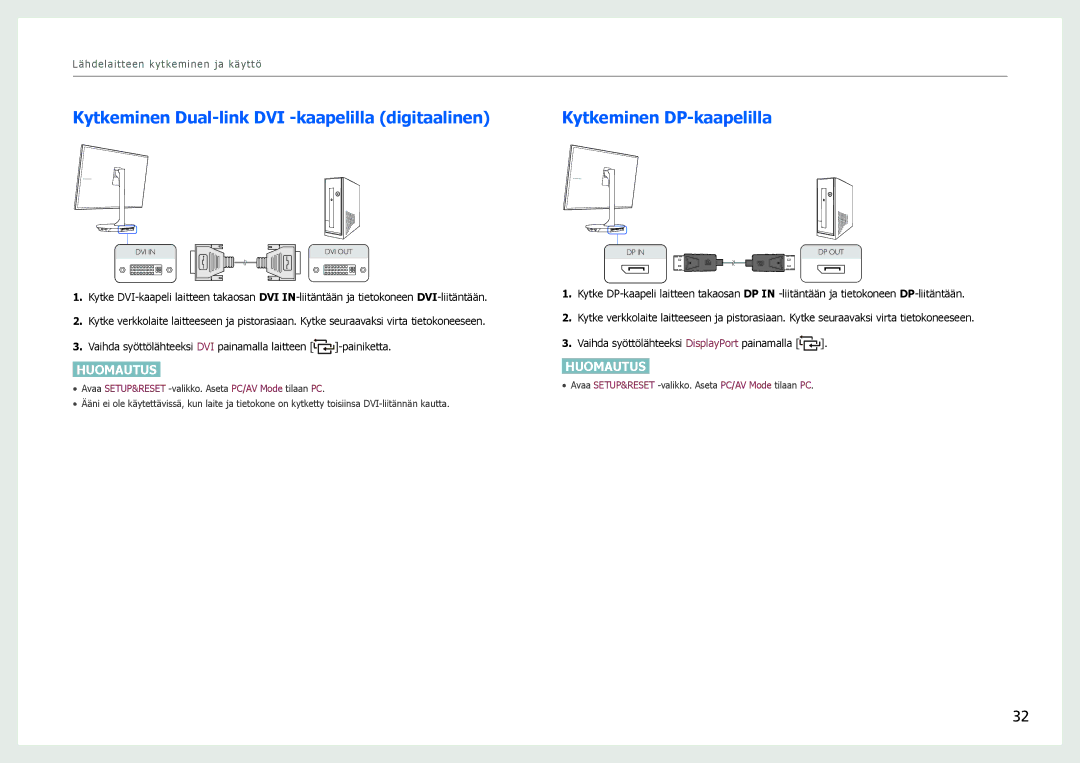 Samsung LS27B971DS/EN, LS27B970DS/EN manual Kytkeminen Dual-link DVI -kaapelilla digitaalinen, Kytkeminen DP-kaapelilla 