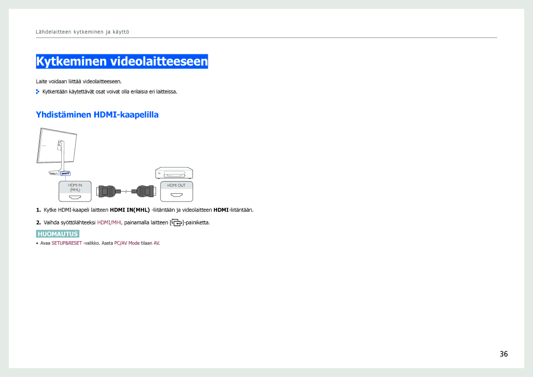 Samsung LS27B971DS/EN, LS27B970DS/EN manual Kytkeminen videolaitteeseen, Yhdistäminen HDMI-kaapelilla 