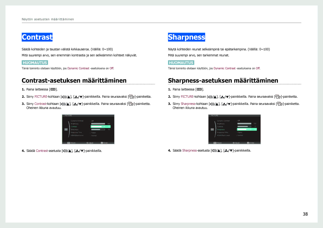 Samsung LS27B971DS/EN, LS27B970DS/EN manual Contrast-asetuksen määrittäminen, Sharpness-asetuksen määrittäminen 