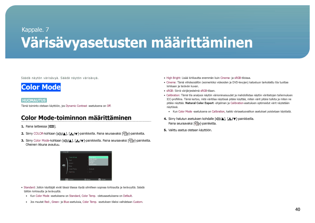 Samsung LS27B971DS/EN, LS27B970DS/EN manual Värisävyasetusten määrittäminen, Color Mode-toiminnon määrittäminen 