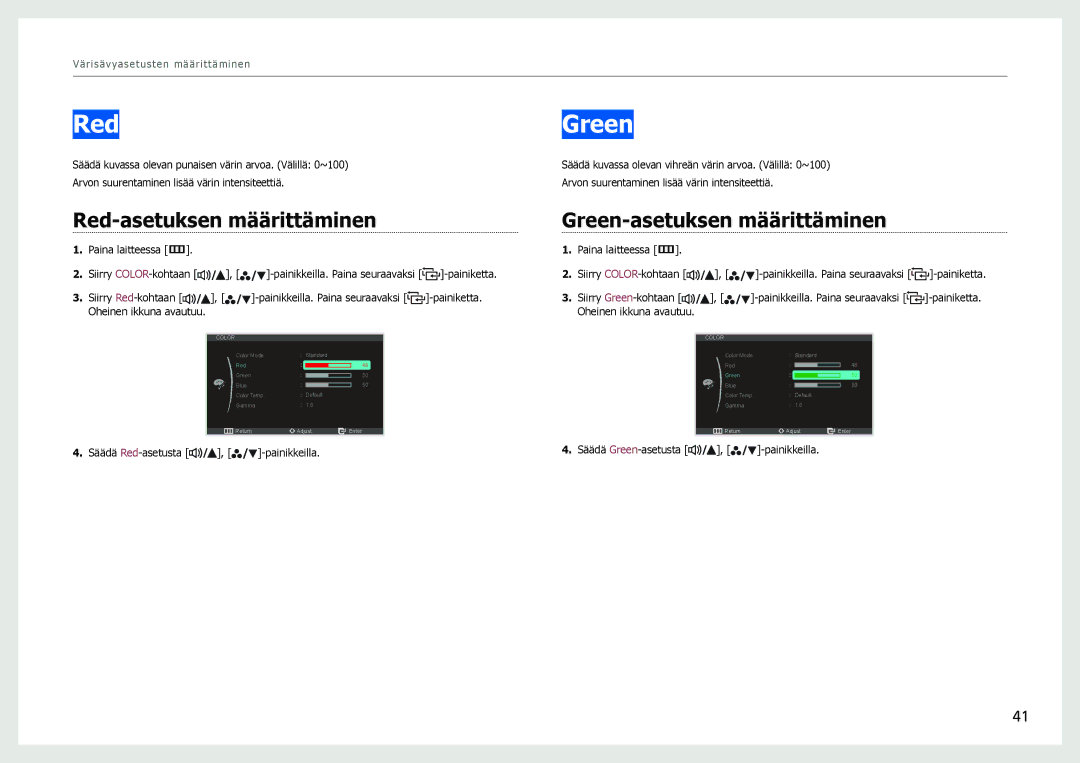 Samsung LS27B970DS/EN, LS27B971DS/EN manual Red-asetuksen määrittäminen, Green-asetuksen määrittäminen 