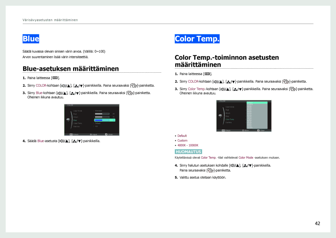 Samsung LS27B971DS/EN, LS27B970DS/EN Blue-asetuksen määrittäminen, Color Temp.-toiminnon asetusten määrittäminen 
