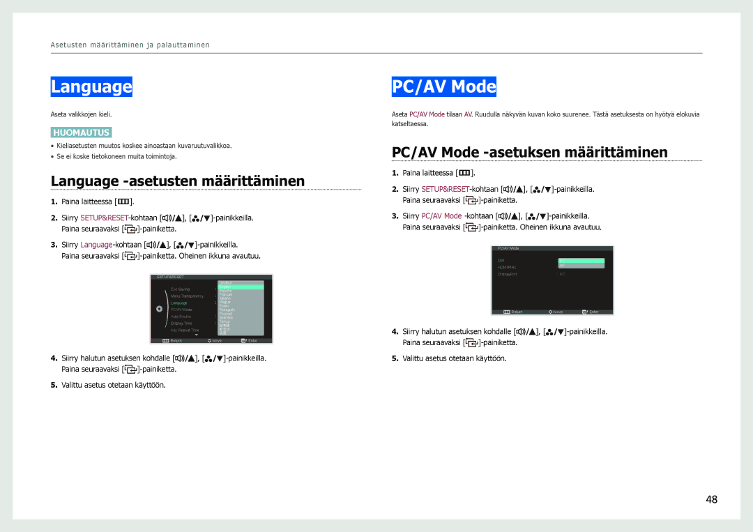 Samsung LS27B971DS/EN, LS27B970DS/EN manual Language -asetusten määrittäminen, PC/AV Mode -asetuksen määrittäminen 