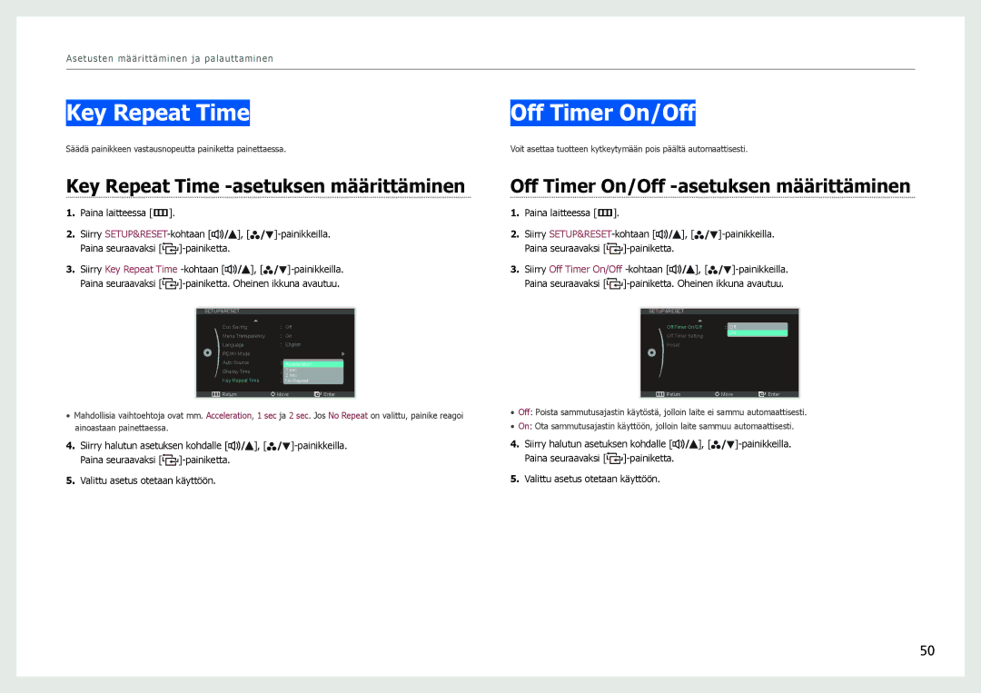 Samsung LS27B971DS/EN, LS27B970DS/EN manual Off Timer On/Off, Key Repeat Time -asetuksen määrittäminen 