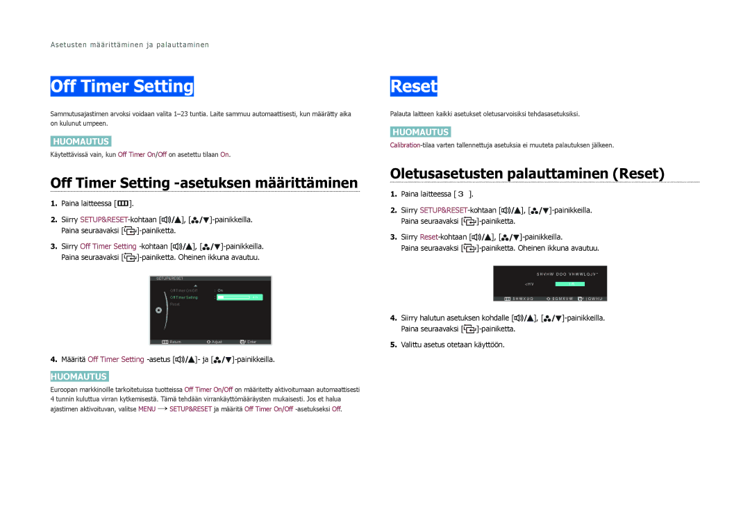 Samsung LS27B970DS/EN manual Off Timer Setting -asetuksen määrittäminen, Oletusasetusten palauttaminen Reset 