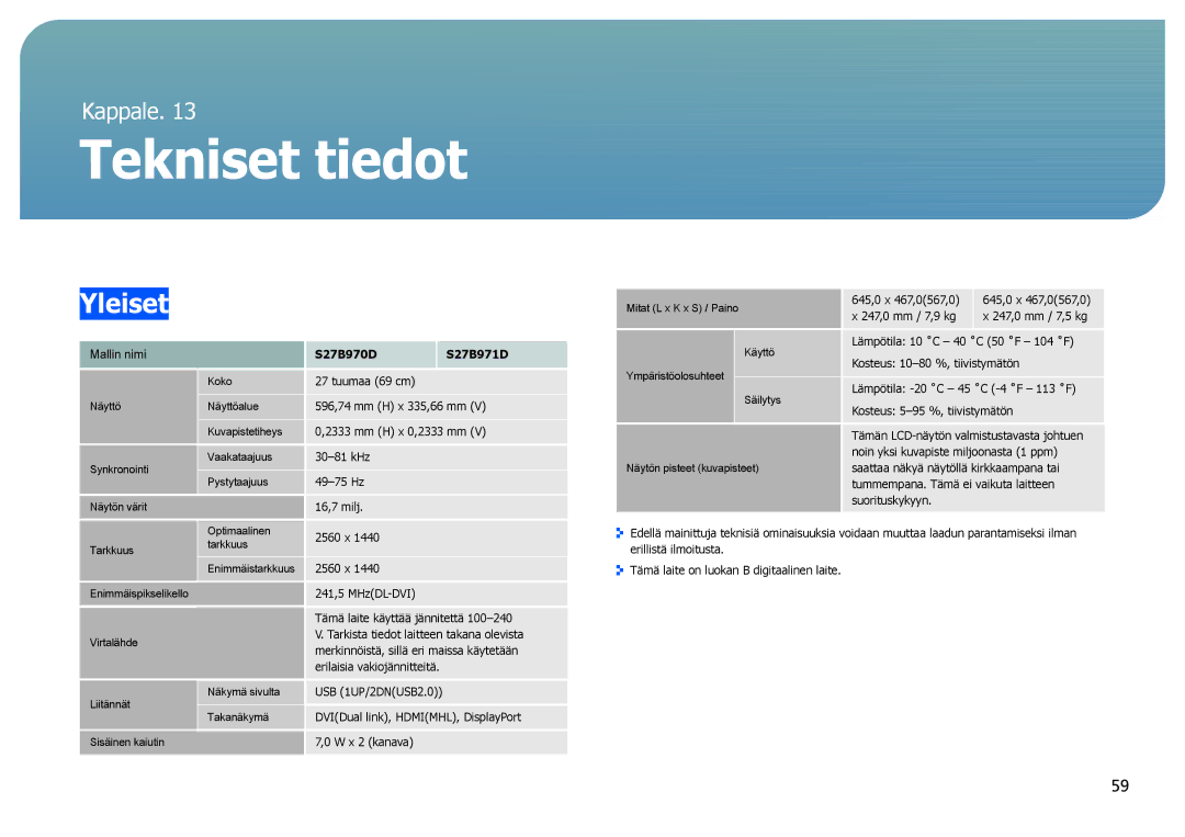 Samsung LS27B970DS/EN, LS27B971DS/EN manual Tekniset tiedot, Yleiset 