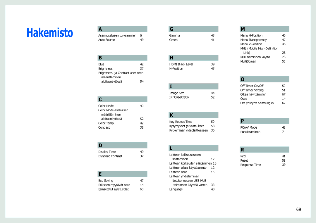 Samsung LS27B970DS/EN, LS27B971DS/EN manual Hakemisto 