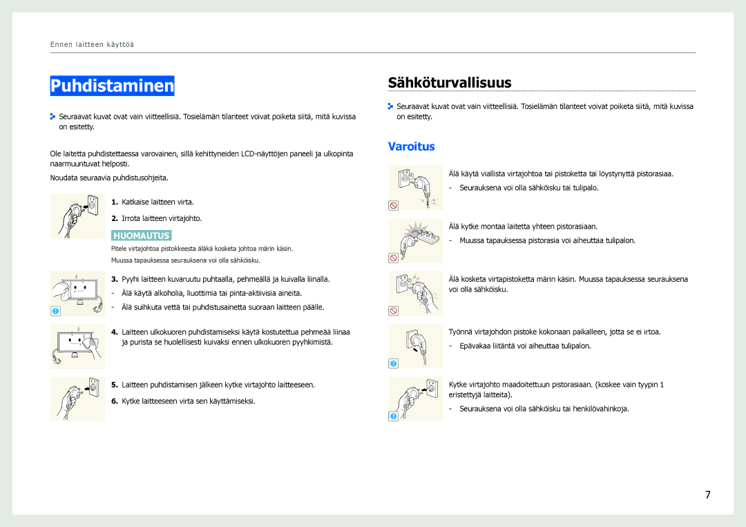 Samsung LS27B970DS/EN, LS27B971DS/EN manual Puhdistaminen, Sähköturvallisuus 