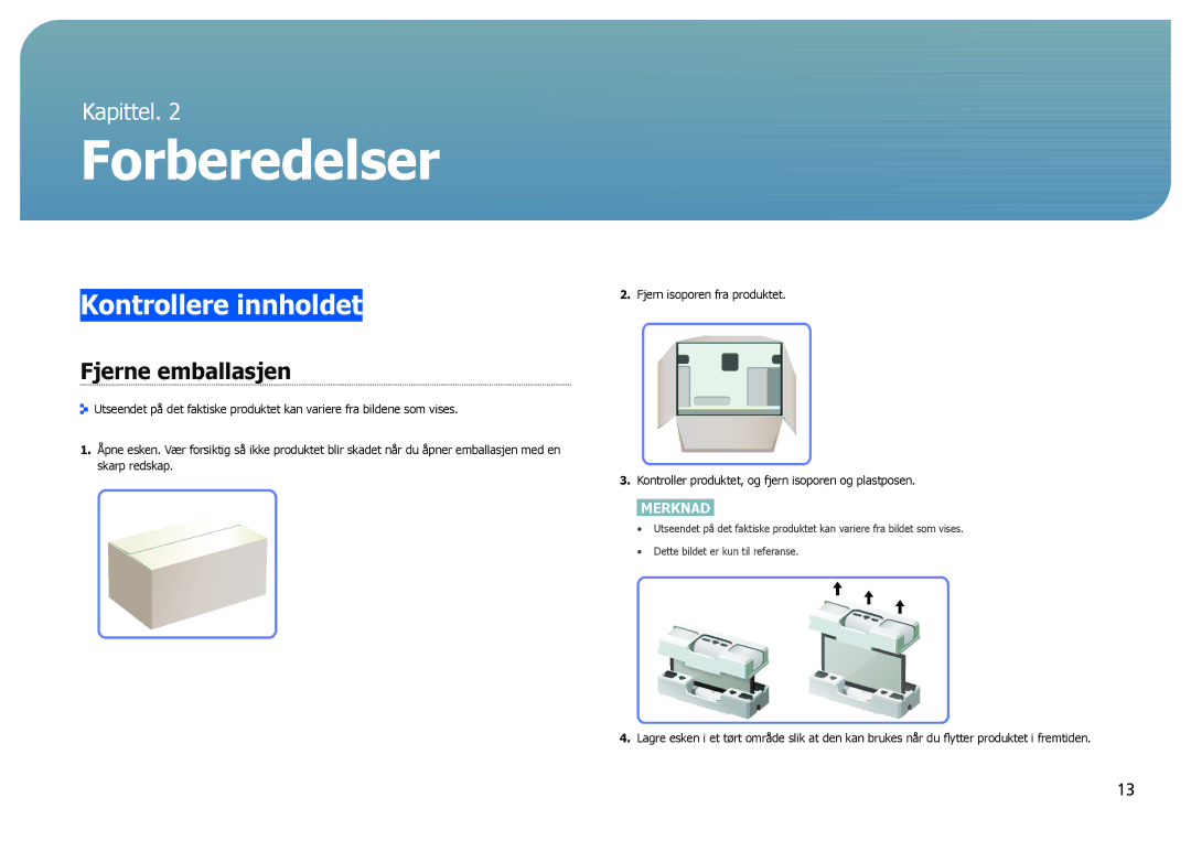 Samsung LS27B970DS/EN, LS27B971DS/EN manual Forberedelser, Kontrollere innholdet, Fjerne emballasjen 