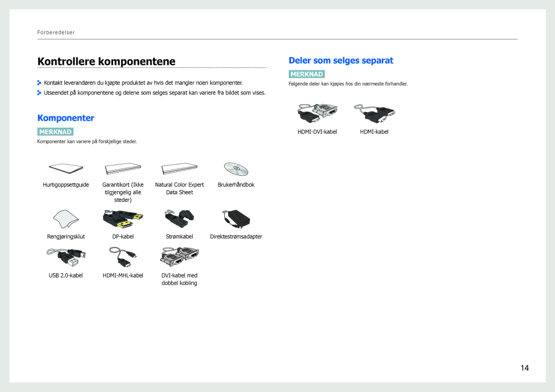 Samsung LS27B971DS/EN, LS27B970DS/EN manual Kontrollere komponentene, Komponenter, Deler som selges separat 