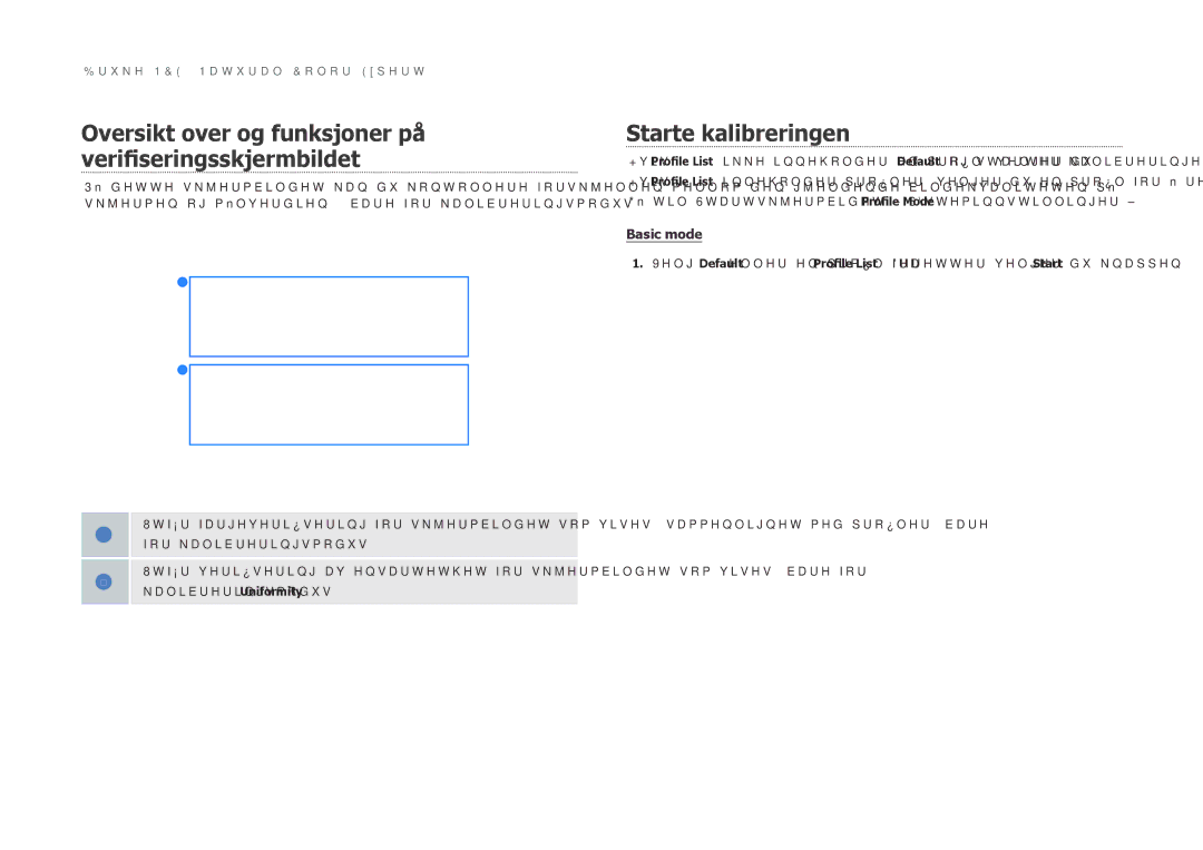 Samsung LS27B970DS/EN, LS27B971DS/EN manual Oversikt over og funksjoner på verifiseringsskjermbildet, Starte kalibreringen 