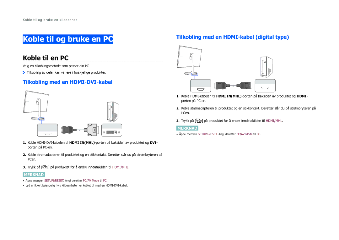 Samsung LS27B970DS/EN, LS27B971DS/EN manual Koble til og bruke en PC, Koble til en PC, Tilkobling med en HDMI-DVI-kabel 