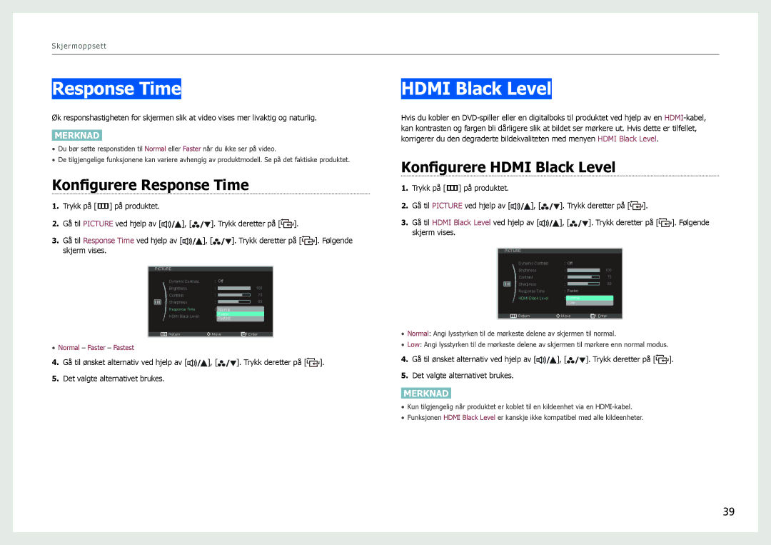 Samsung LS27B970DS/EN, LS27B971DS/EN manual Konfigurere Response Time, Konfigurere Hdmi Black Level 