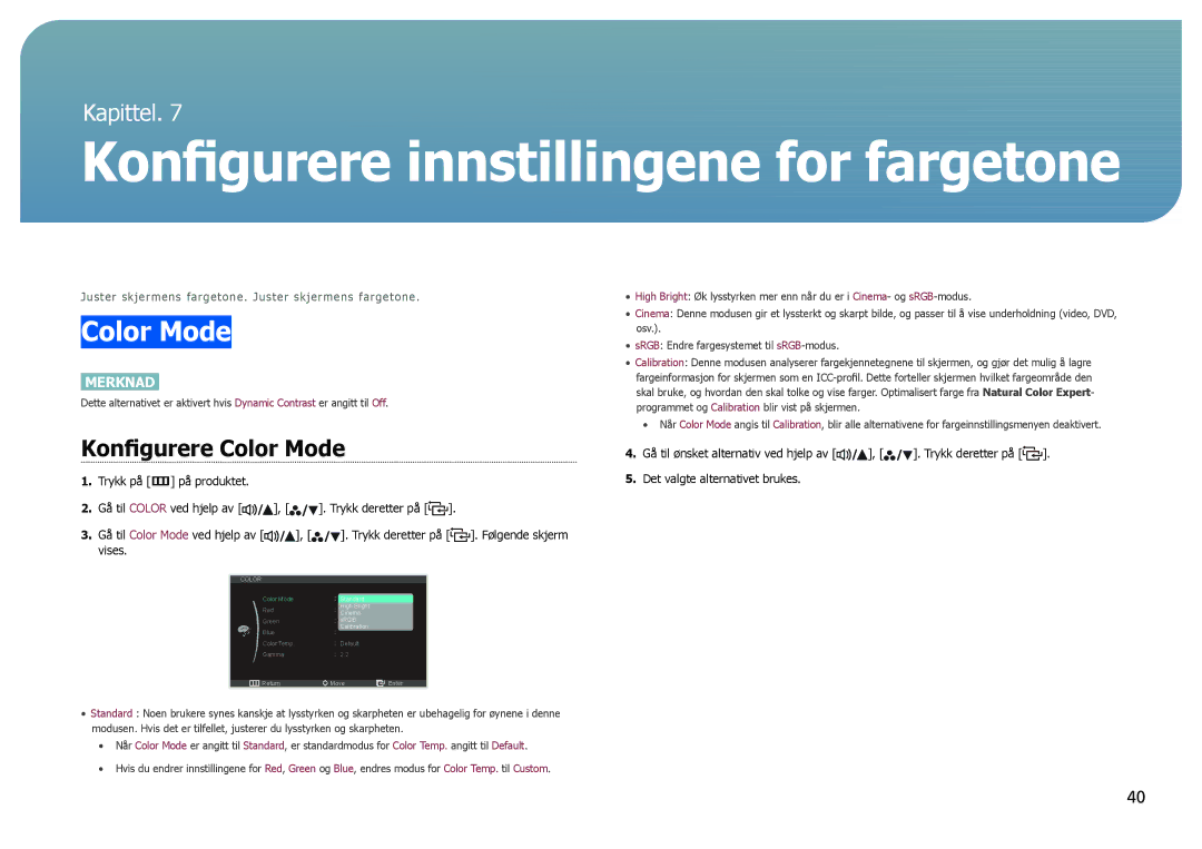 Samsung LS27B971DS/EN, LS27B970DS/EN manual Konfigurere innstillingene for fargetone, Konfigurere Color Mode 