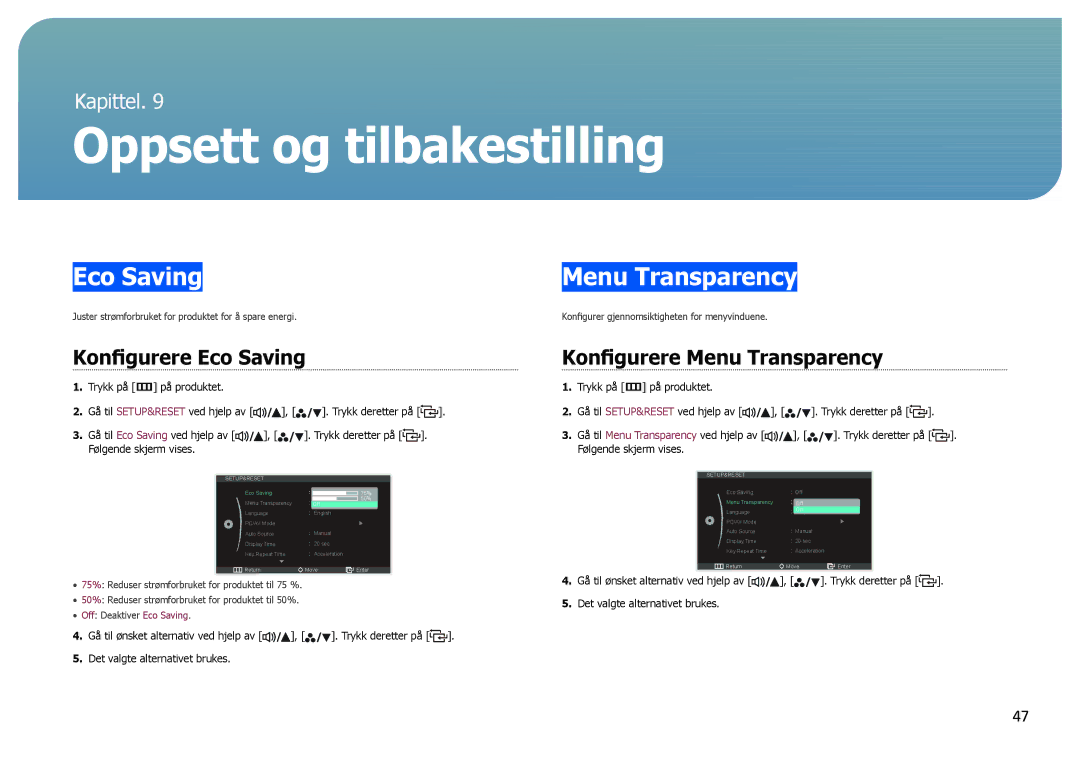 Samsung LS27B970DS/EN, LS27B971DS/EN manual Konfigurere Eco Saving, Konfigurere Menu Transparency 