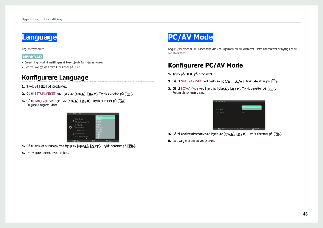 Samsung LS27B971DS/EN, LS27B970DS/EN manual Konfigurere Language, Konfigurere PC/AV Mode 