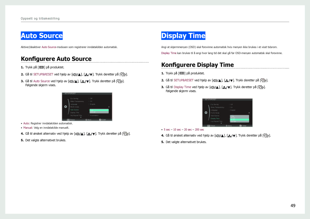 Samsung LS27B970DS/EN, LS27B971DS/EN manual Konfigurere Auto Source, Konfigurere Display Time 