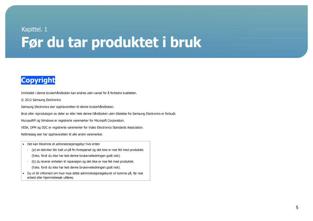 Samsung LS27B970DS/EN, LS27B971DS/EN manual Før du tar produktet i bruk, Copyright 