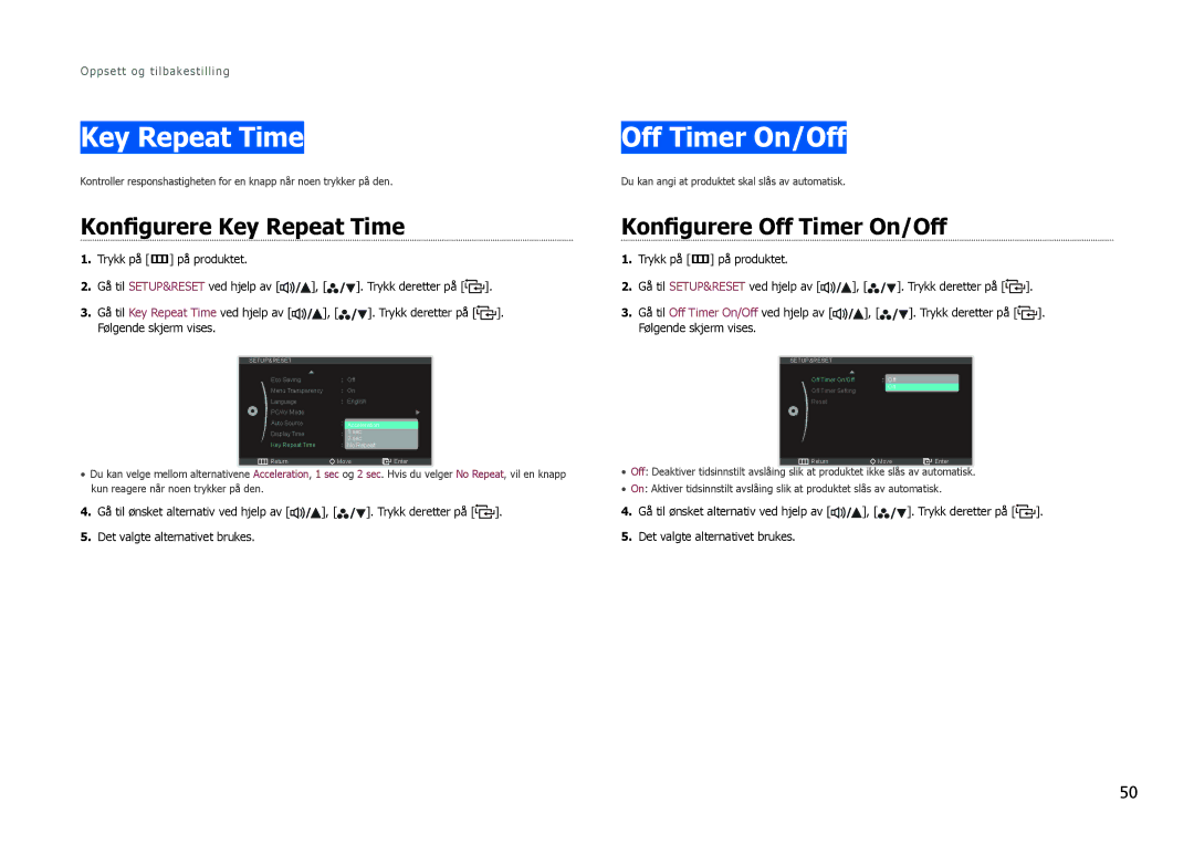 Samsung LS27B971DS/EN, LS27B970DS/EN manual Konfigurere Key Repeat Time, Konfigurere Off Timer On/Off 