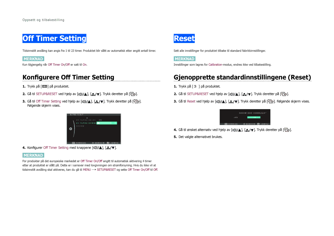 Samsung LS27B970DS/EN, LS27B971DS/EN manual Konfigurere Off Timer Setting, Gjenopprette standardinnstillingene Reset 