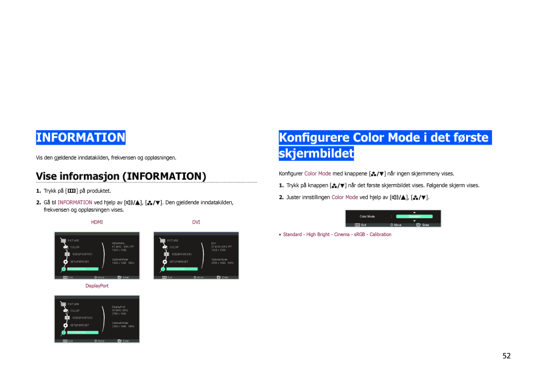 Samsung LS27B971DS/EN, LS27B970DS/EN manual Konfigurere Color Mode i det første skjermbildet, Vise informasjon Information 