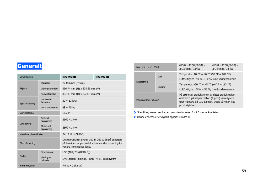 Samsung LS27B970DS/EN, LS27B971DS/EN manual Spesifikasjoner, Generelt 