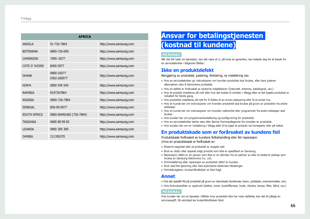 Samsung LS27B971DS/EN, LS27B970DS/EN manual Ansvar for betalingstjenesten kostnad til kundene, Ikke en produktdefekt, Annet 