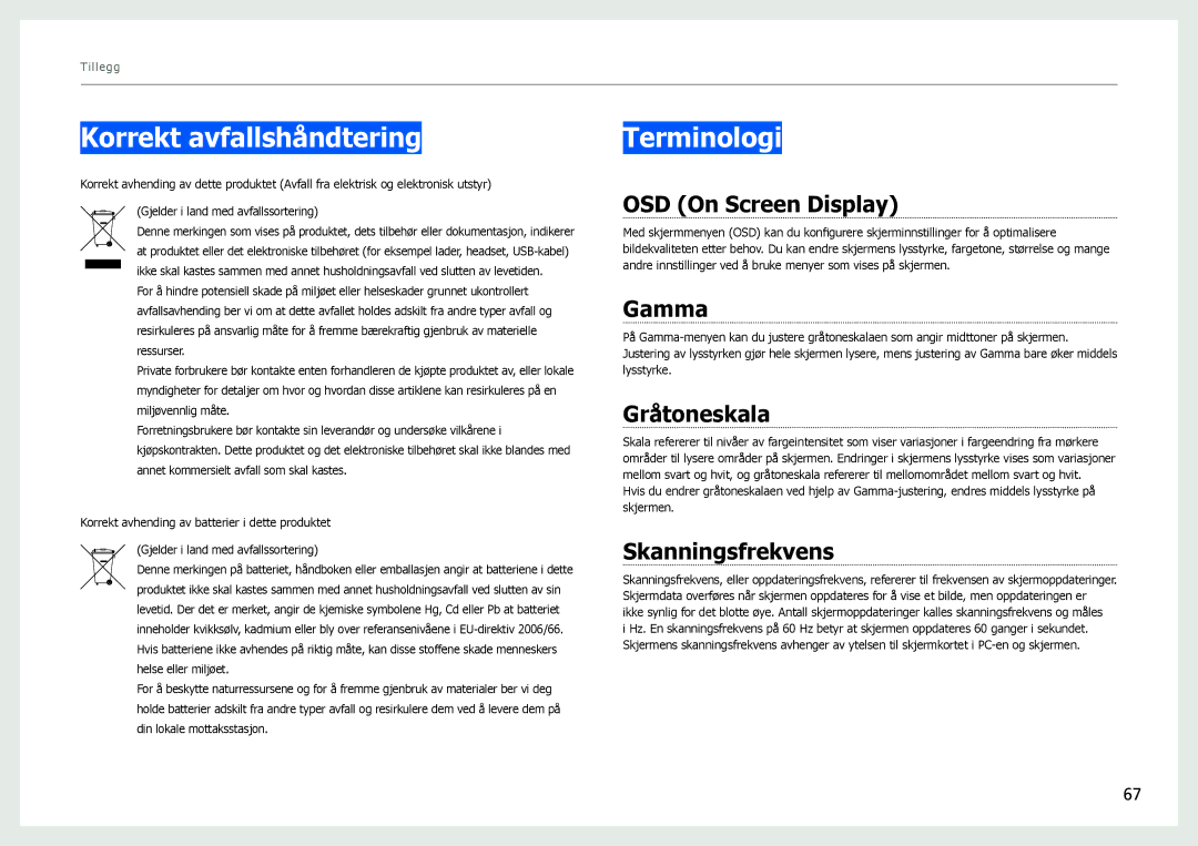 Samsung LS27B970DS/EN, LS27B971DS/EN manual Korrekt avfallshåndtering, Terminologi 