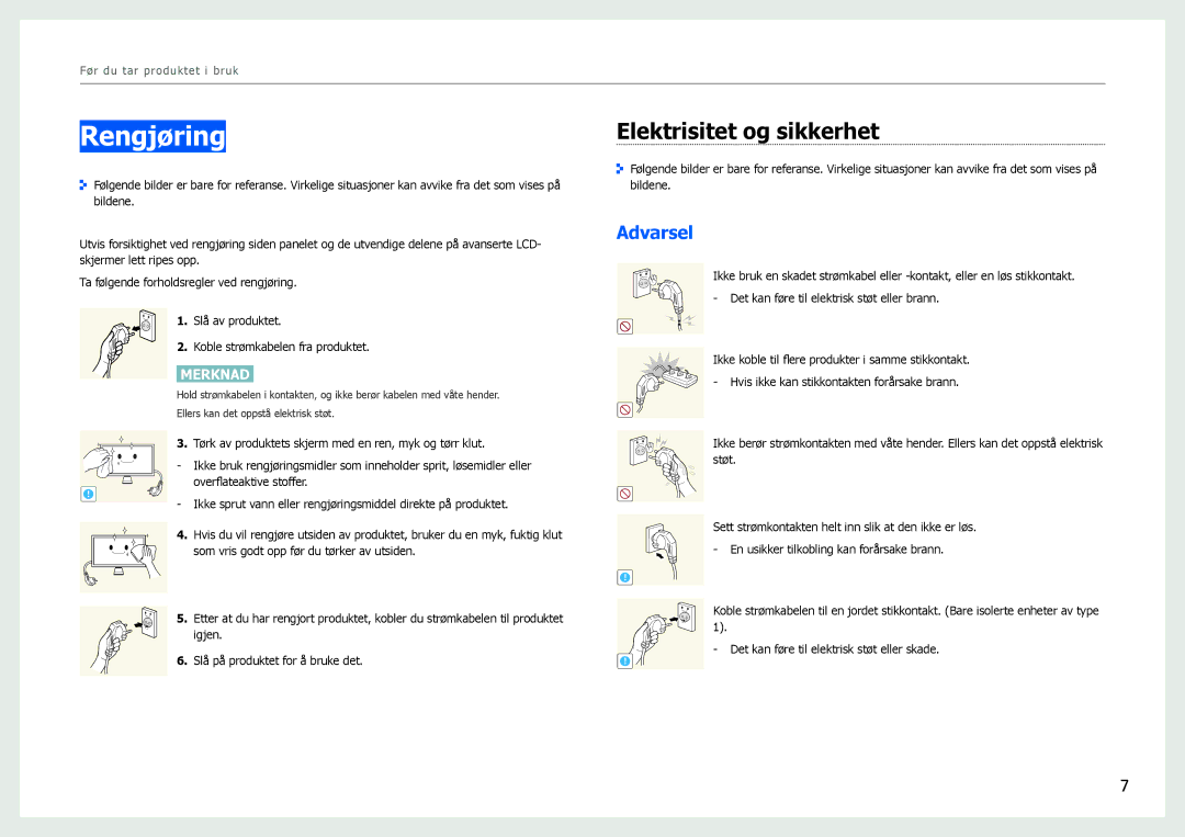 Samsung LS27B970DS/EN, LS27B971DS/EN manual Rengjøring, Elektrisitet og sikkerhet 
