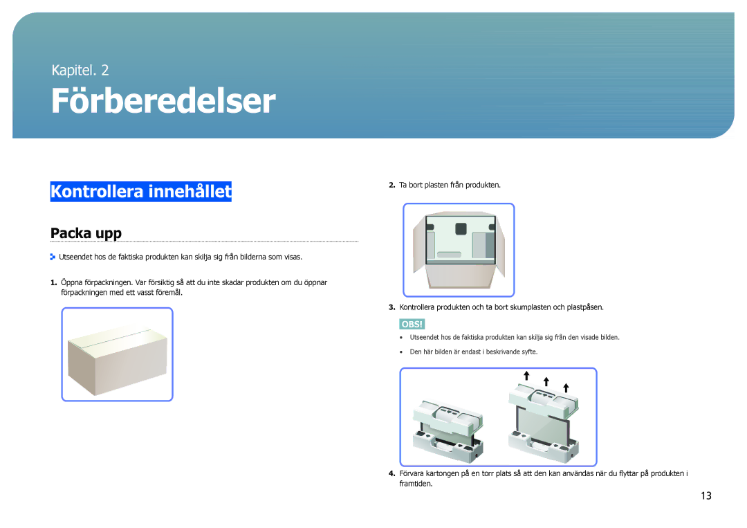 Samsung LS27B970DS/EN, LS27B971DS/EN manual Förberedelser, Kontrollera innehållet, Packa upp 