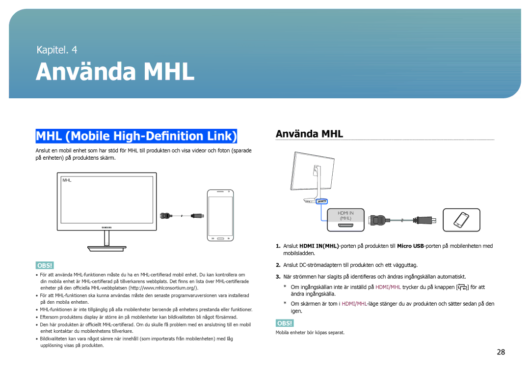 Samsung LS27B971DS/EN, LS27B970DS/EN manual Använda MHL, MHL Mobile High-Definition Link 