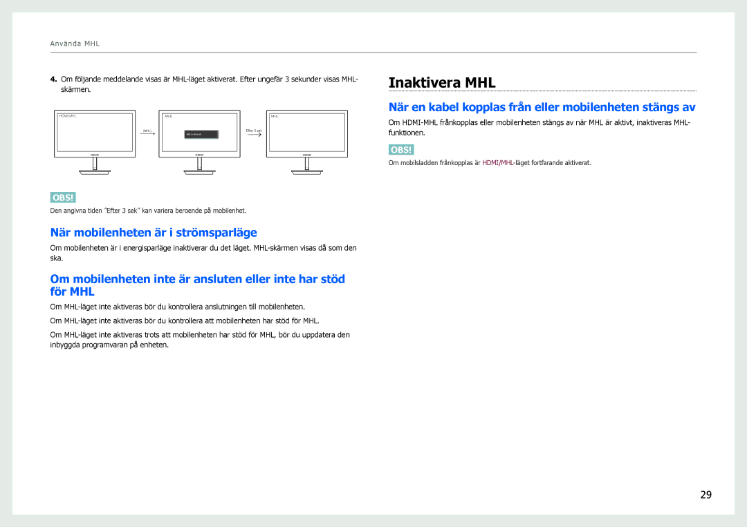 Samsung LS27B970DS/EN, LS27B971DS/EN manual Inaktivera MHL, När mobilenheten är i strömsparläge 