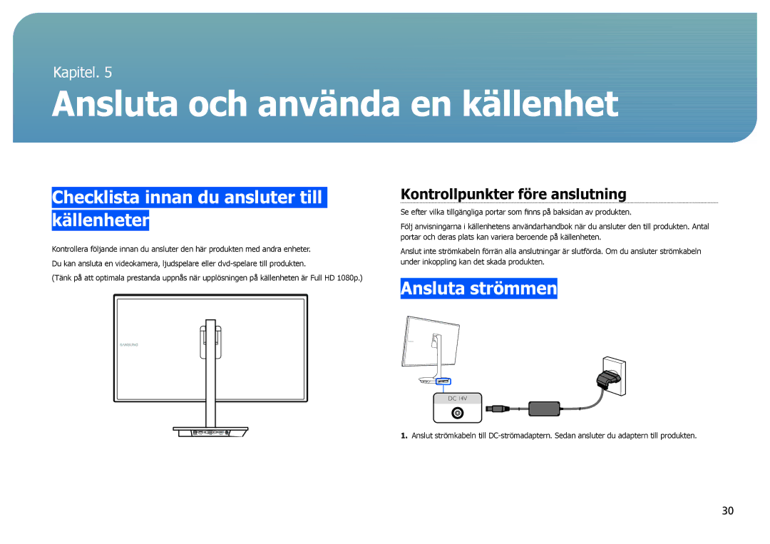 Samsung LS27B971DS/EN Ansluta och använda en källenhet, Checklista innan du ansluter till källenheter, Ansluta strömmen 