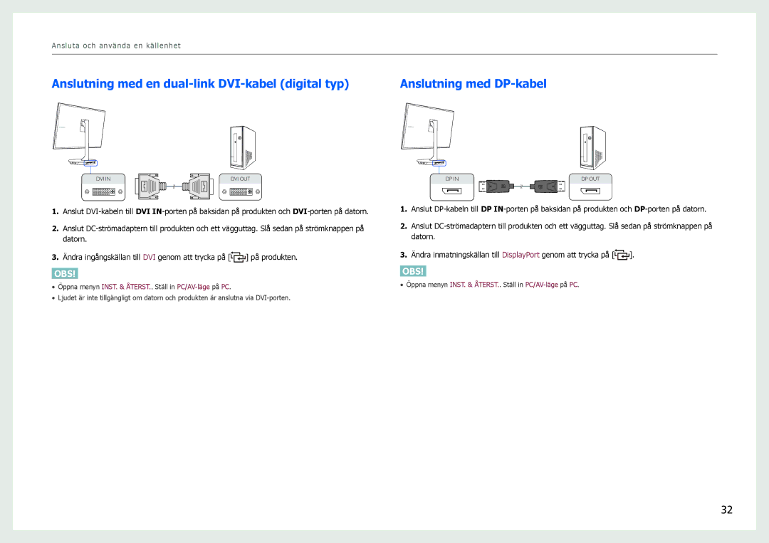 Samsung LS27B971DS/EN, LS27B970DS/EN manual Anslutning med en dual-link DVI-kabel digital typ, Anslutning med DP-kabel 