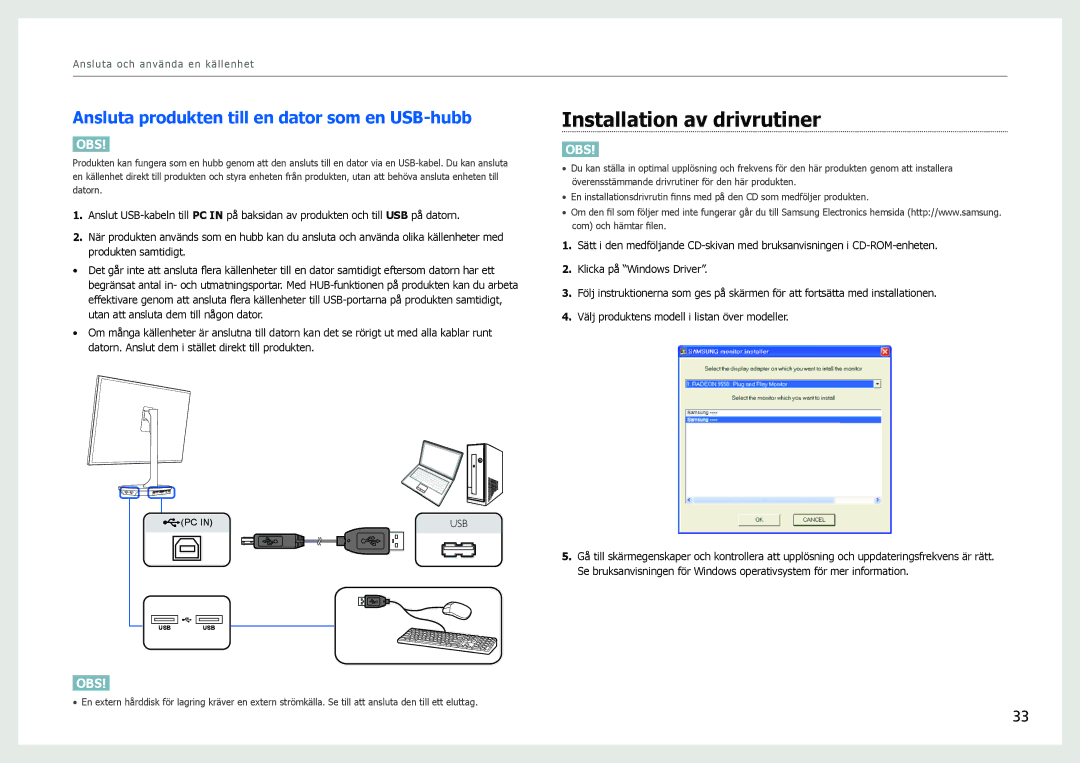 Samsung LS27B970DS/EN, LS27B971DS/EN manual Installation av drivrutiner, Ansluta produkten till en dator som en USB-hubb 