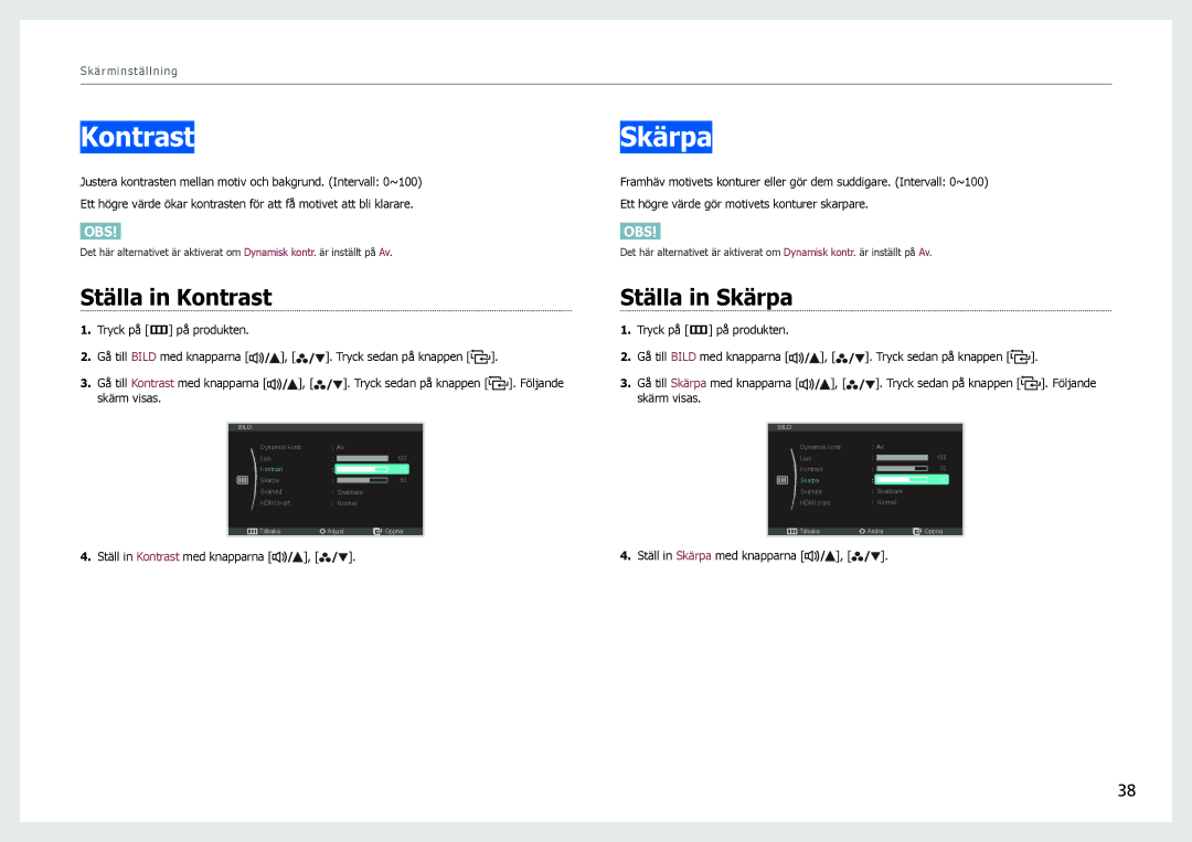 Samsung LS27B971DS/EN, LS27B970DS/EN manual Ställa in Kontrast, Ställa in Skärpa 