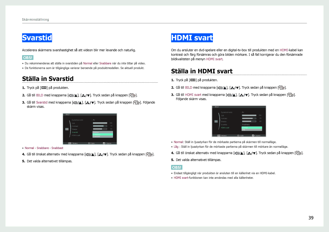 Samsung LS27B970DS/EN, LS27B971DS/EN manual Ställa in Svarstid, Ställa in Hdmi svart 