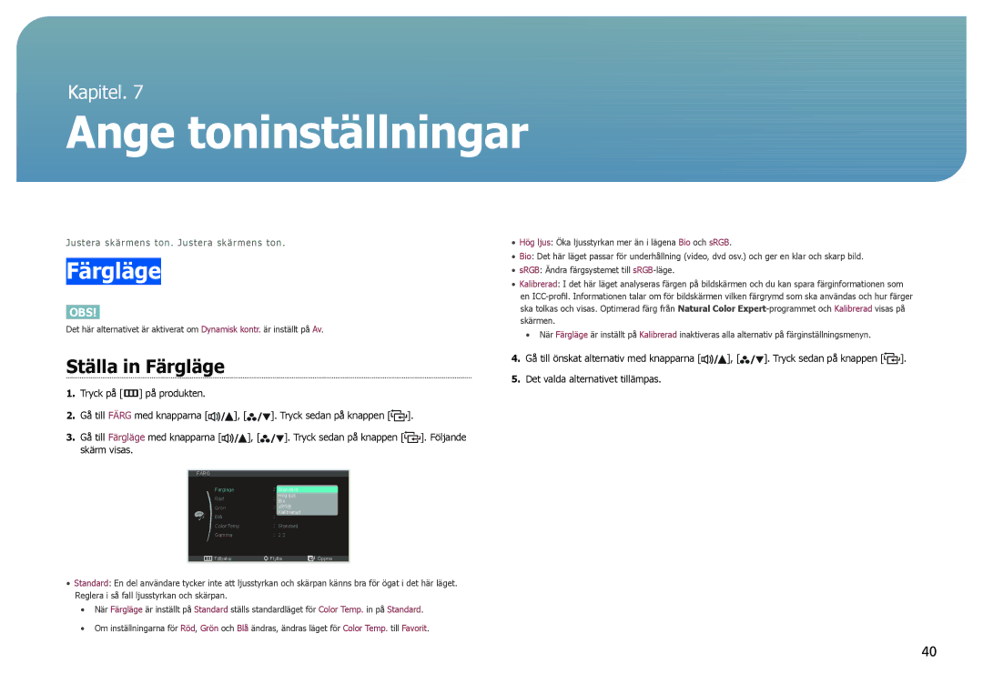 Samsung LS27B971DS/EN, LS27B970DS/EN manual Ange toninställningar, Ställa in Färgläge 