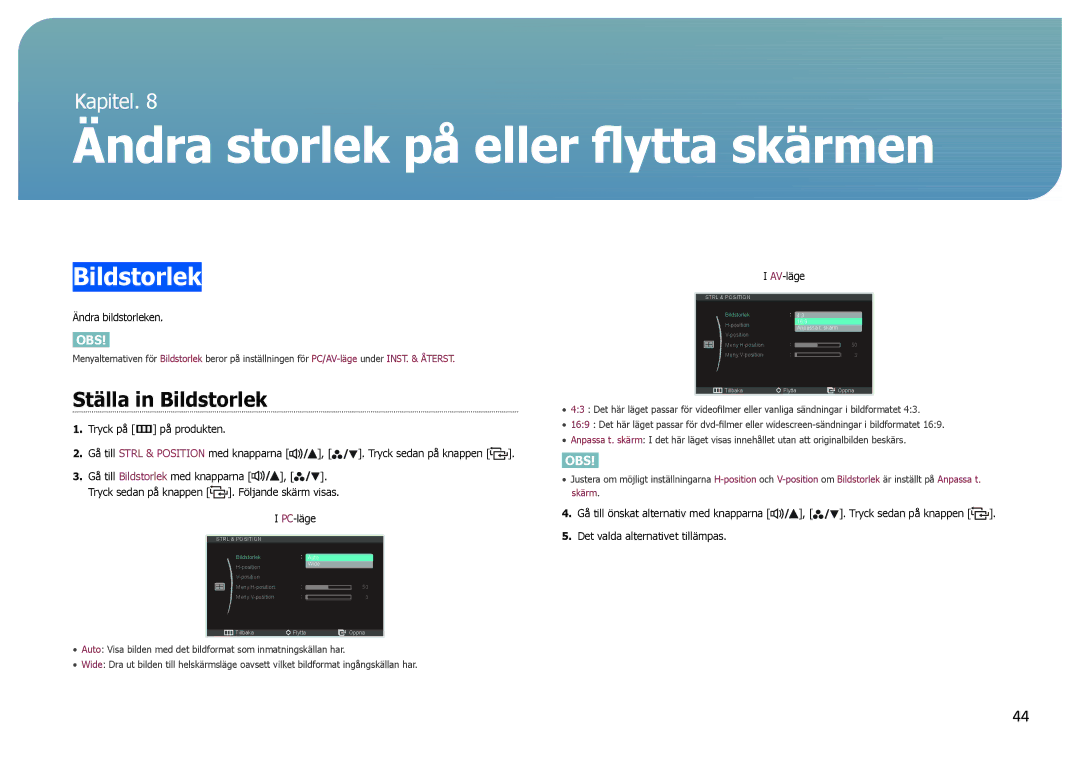 Samsung LS27B971DS/EN, LS27B970DS/EN manual Ändra storlek på eller flytta skärmen, Ställa in Bildstorlek 